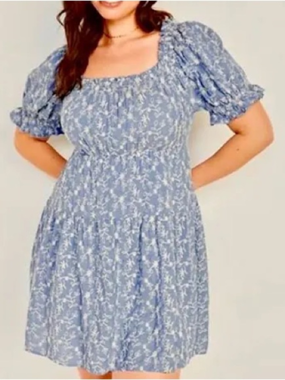 Old Navy Light Blue Floral Square-Neck Puff Sleeve Mini Dress- XL